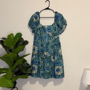 House of Harlow 1960 L blue and Green Abstract Patterned puff sleeve Mini Dress